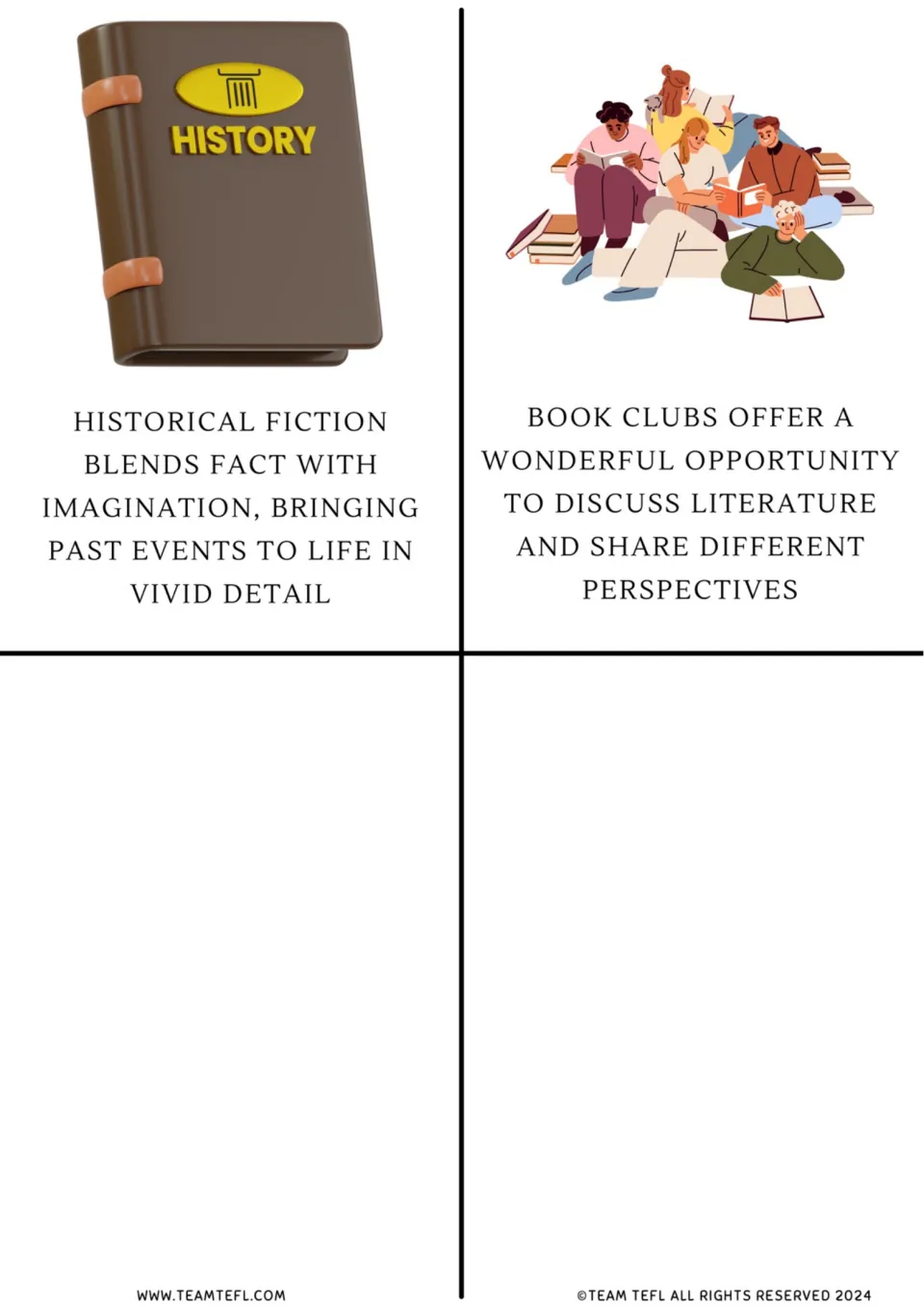Flashcards 9–10: historical fiction blends fact with imagination; book clubs offer different perspectives