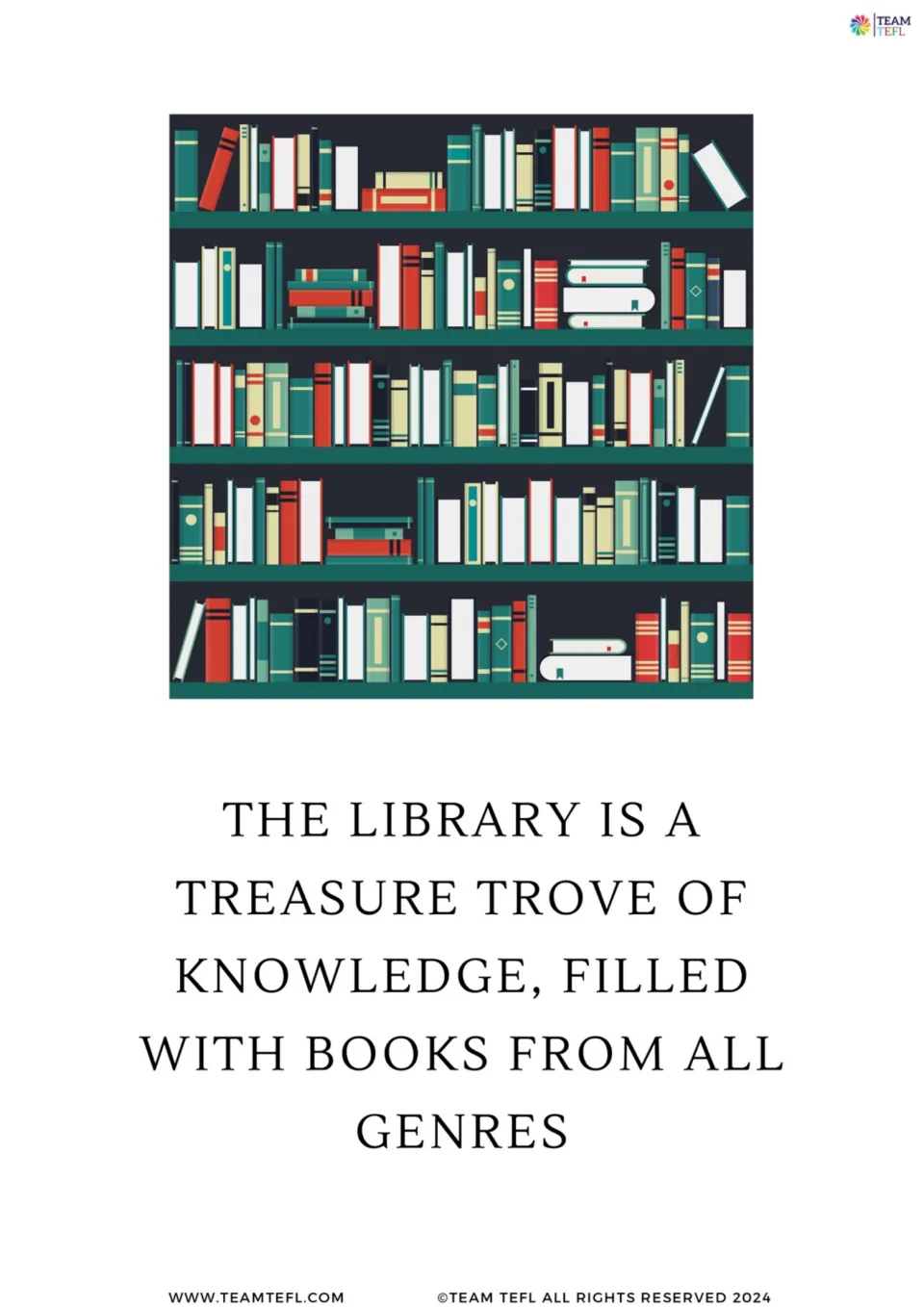 Full-page flashcard 4: the library is a treasure trove of knowledge, filled with books from all genres