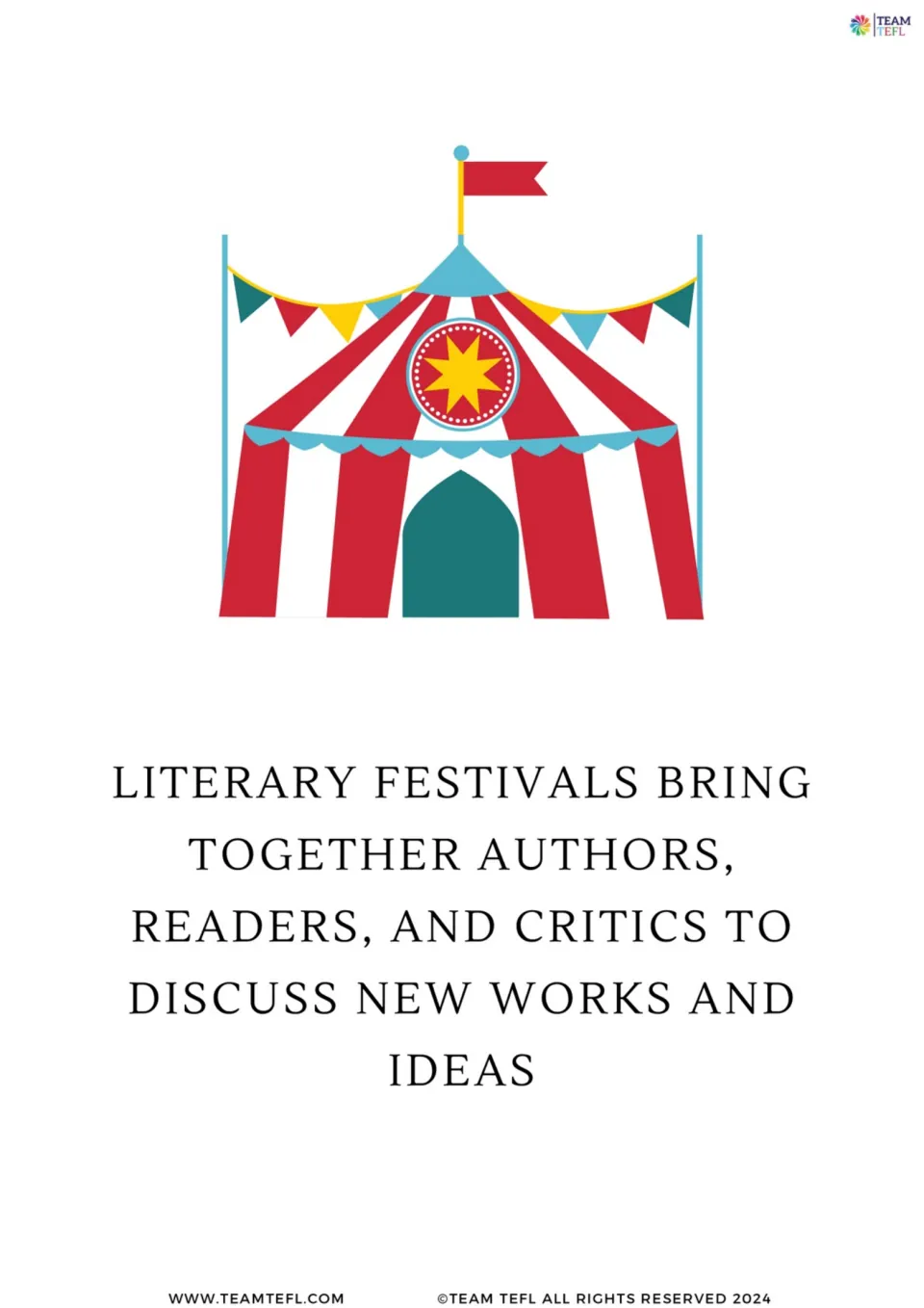 Full-page flashcard 7: literary festivals unite authors, readers, and critics to discuss new works and ideas