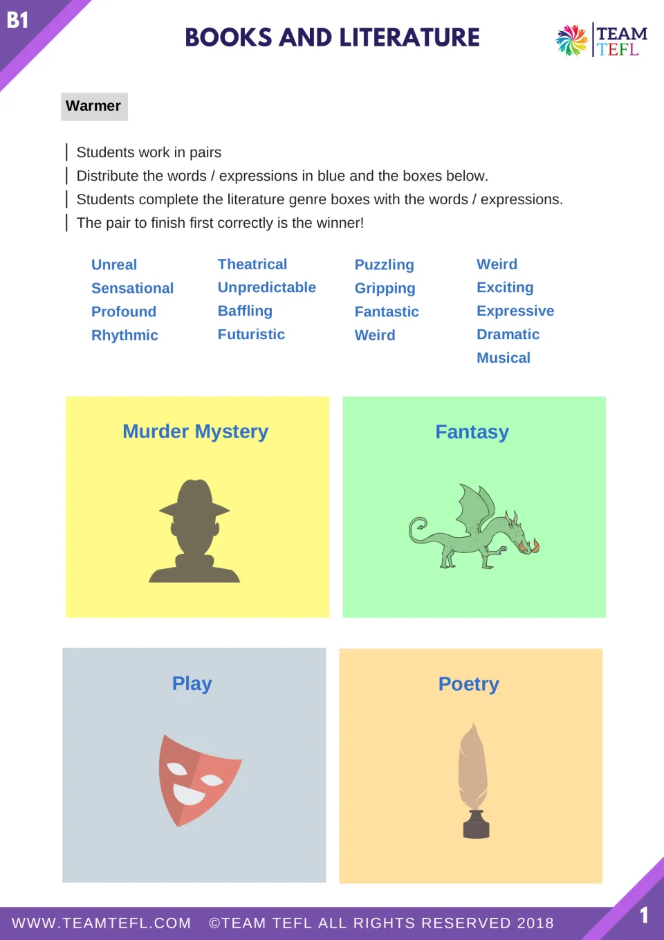 Genre warm-up asks pairs to sort descriptive words into murder mystery, fantasy, play, and poetry categories.