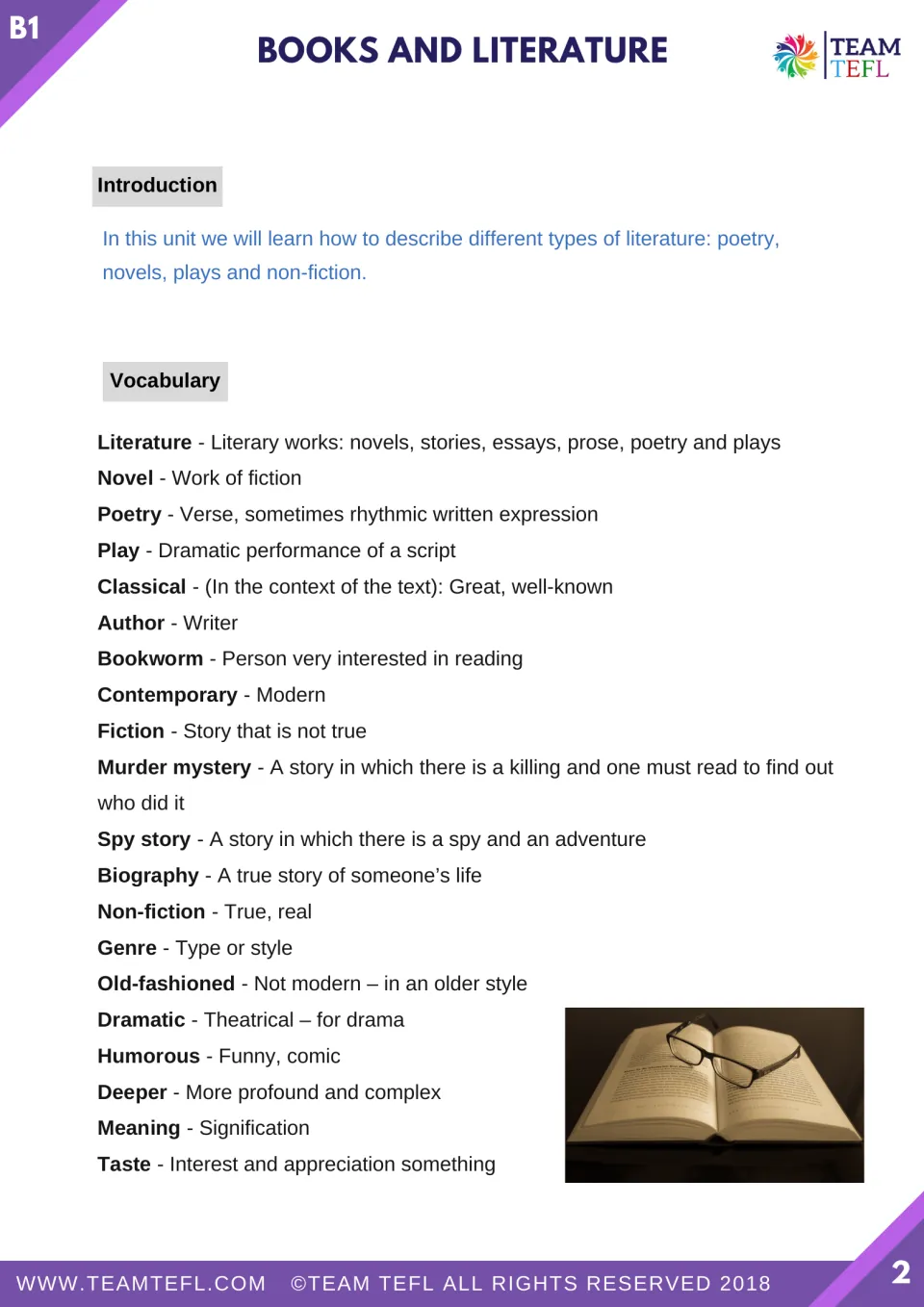 Lesson introduction and 20 vocabulary definitions cover literature, novel, poetry, play, bookworm, and more.