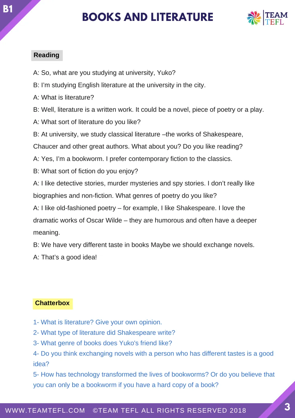 Reading dialogue explores literary tastes, followed by five questions on literature, books, and technology.