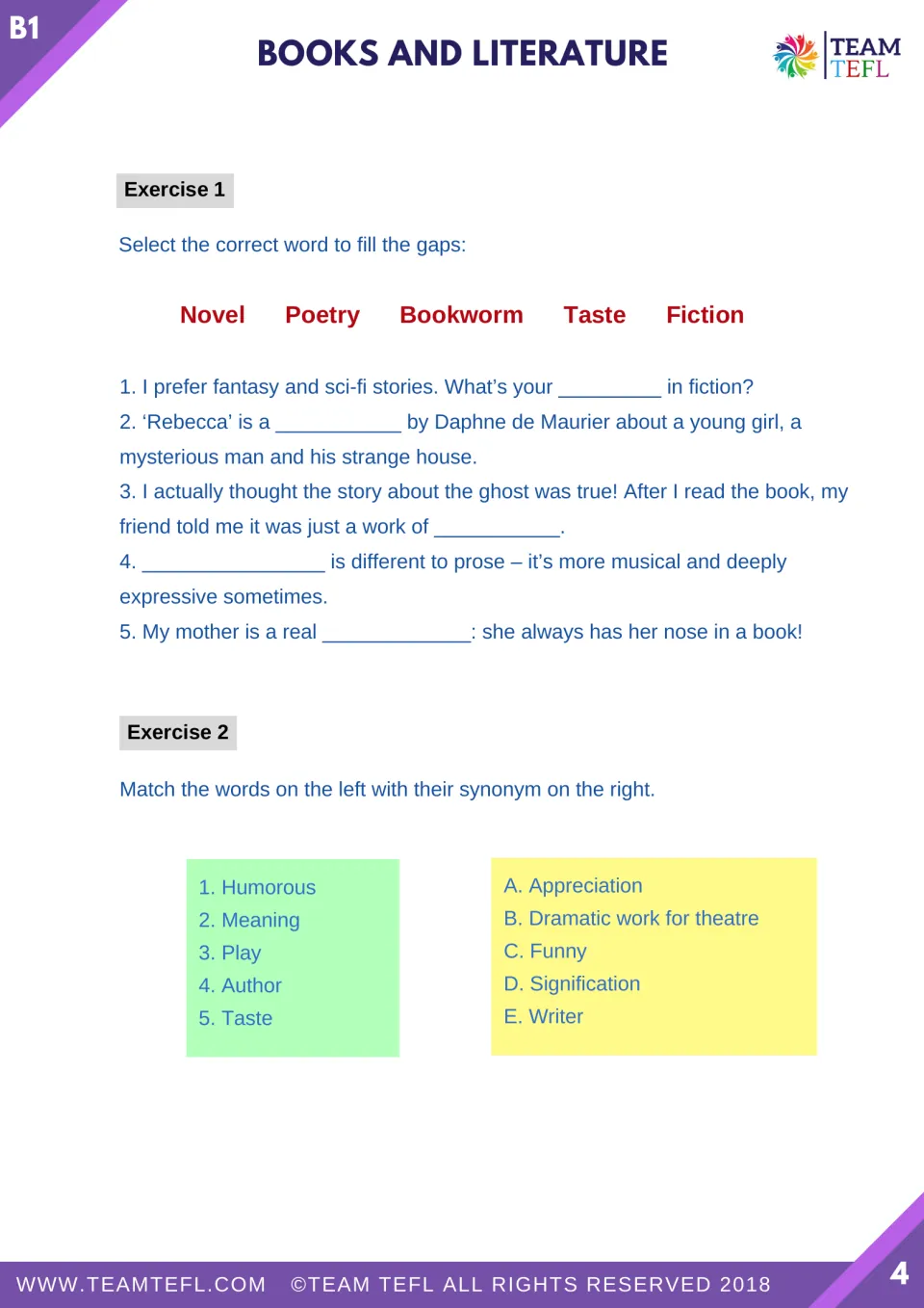 Exercises 1 and 2 practice novel, poetry, bookworm, taste, and fiction, then match five words to synonyms.