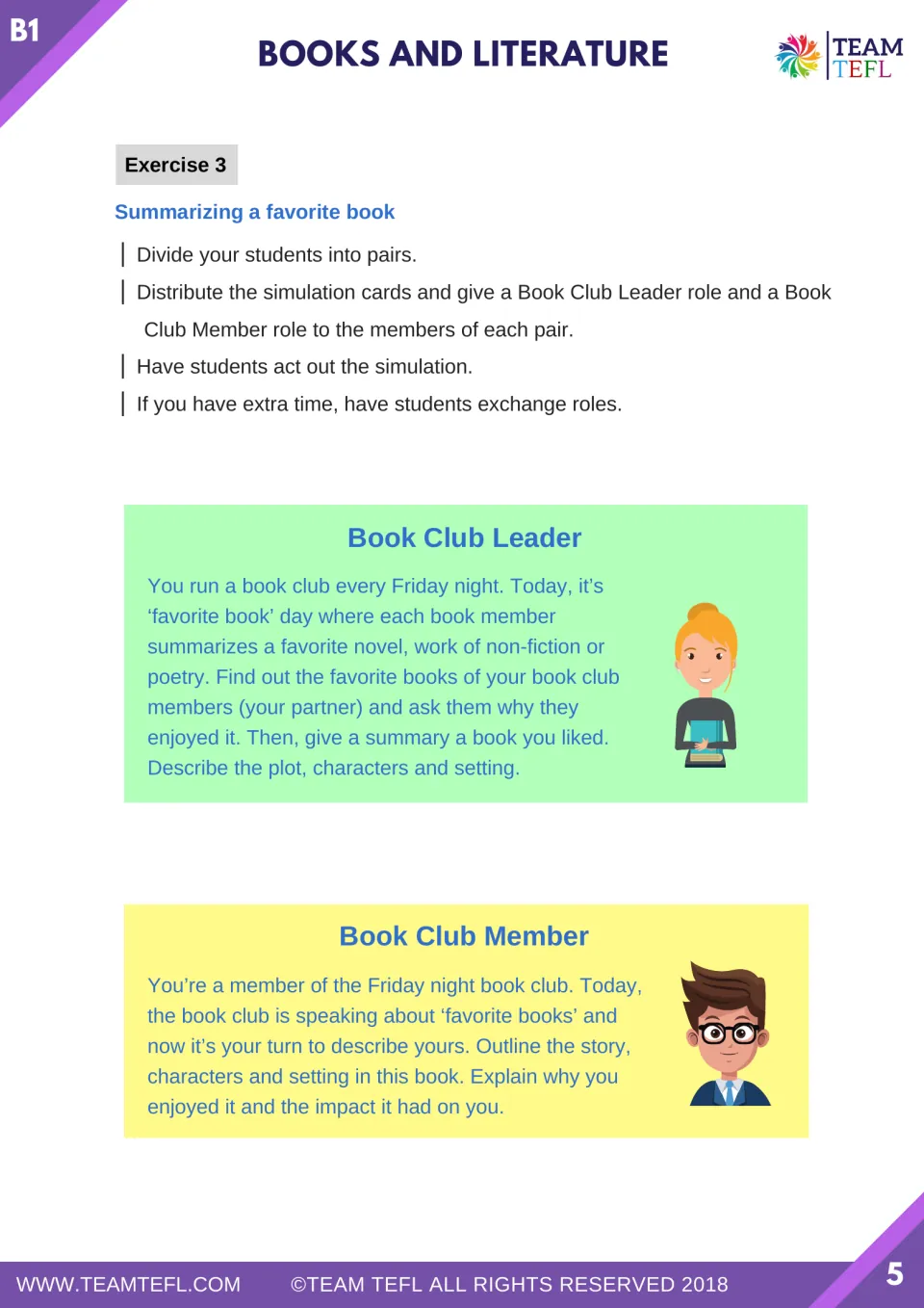 Exercise 3 gives Book Club Leader and Book Club Member roles for summarizing a favorite book in pairs.