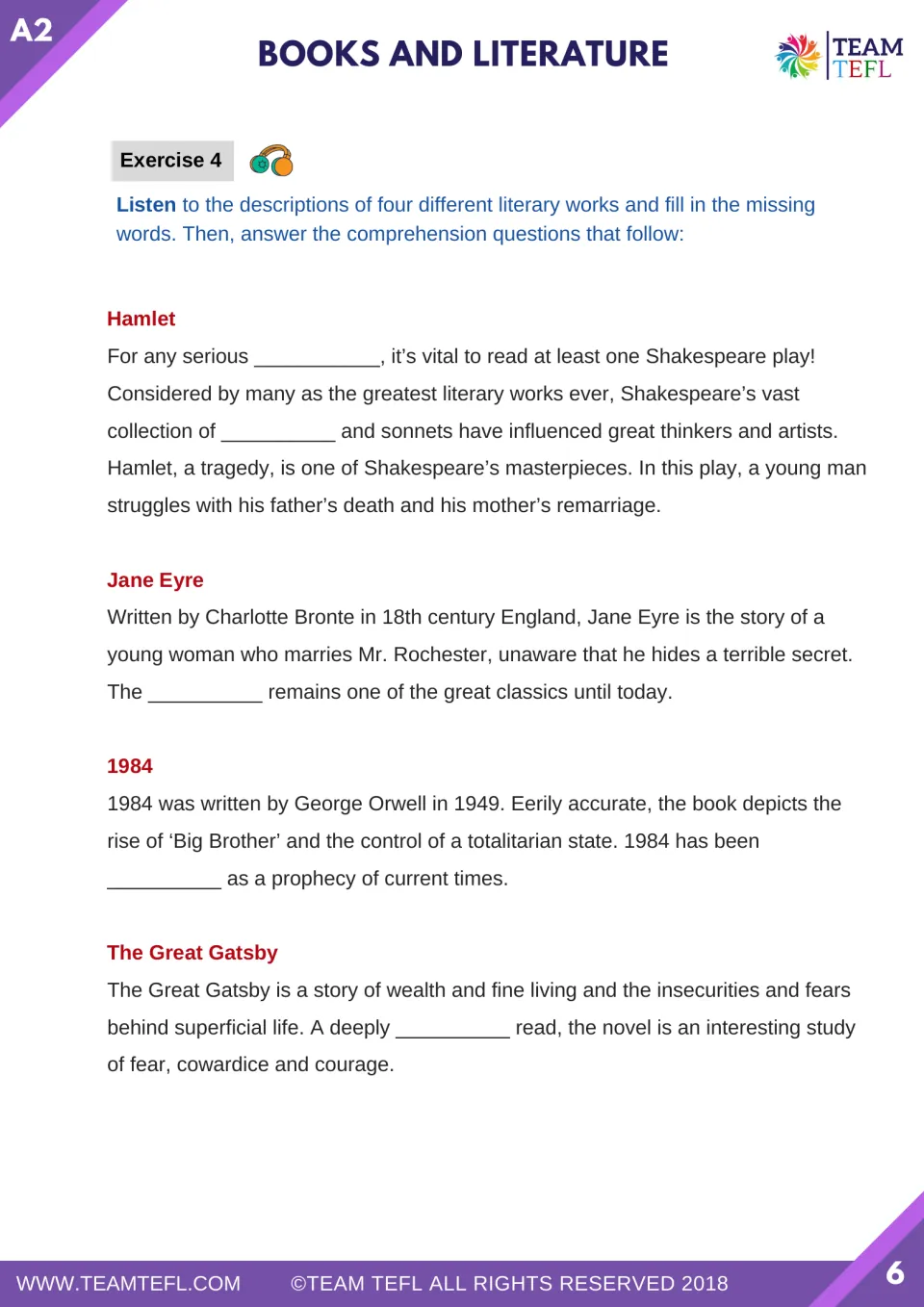 Exercise 4 listening passages have missing words in descriptions of Hamlet, Jane Eyre, 1984, and The Great Gatsby.