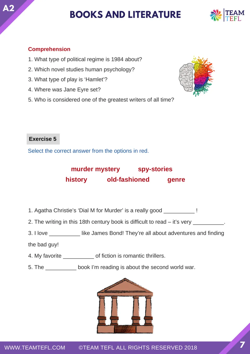 Five listening comprehension questions precede Exercise 5, filling gaps with genre words and old-fashioned.