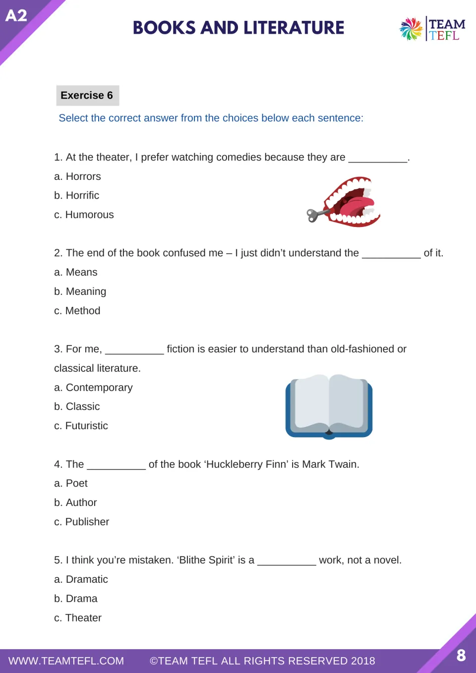 Exercise 6 has five multiple-choice sentences testing humorous, meaning, contemporary, author, and dramatic.