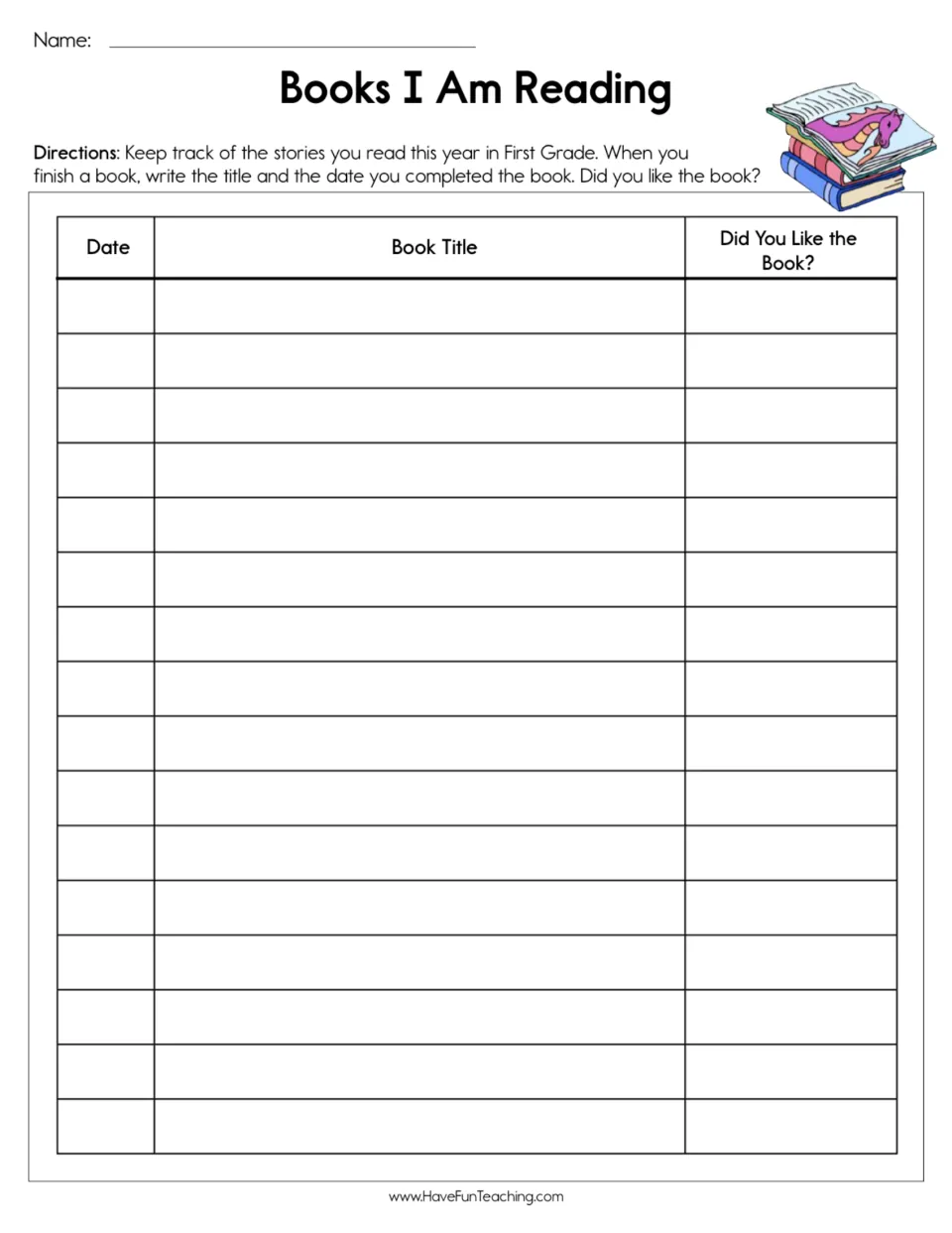 Reading log: students record the date and title of each book finished this year and note whether they liked it