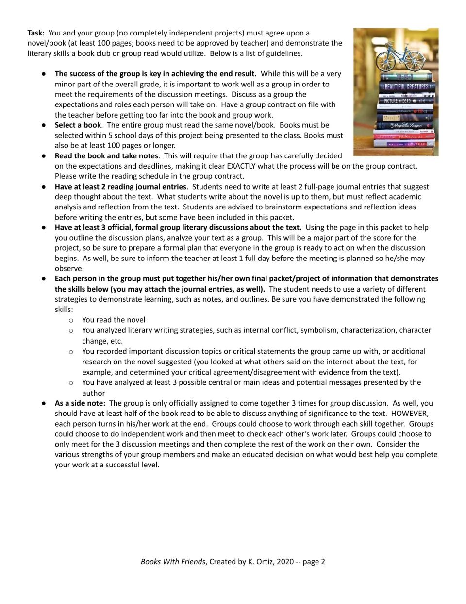 Group read task guidelines: pick a 100+ page book, keep 2 journal entries, hold 3 formal discussions, make a final packet