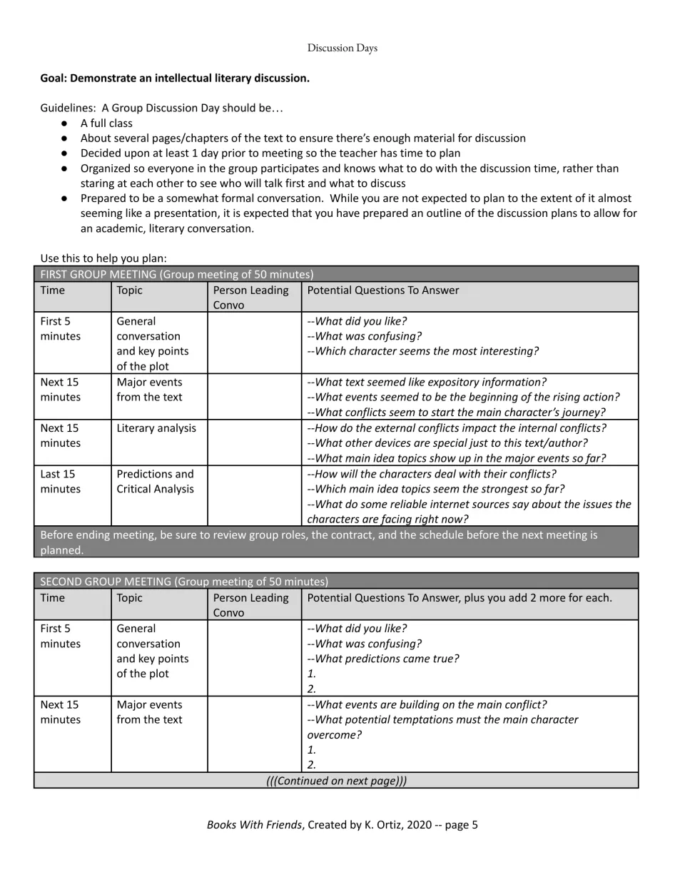 Discussion day planner: guidelines plus a 50-minute first meeting with plot, literary analysis and prediction questions