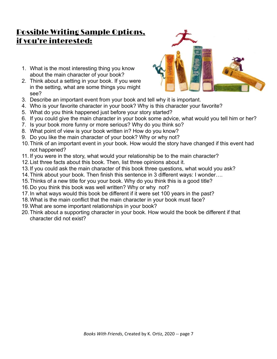 Journal prompts: 20 optional questions on main character, setting, point of view, conflict and supporting characters