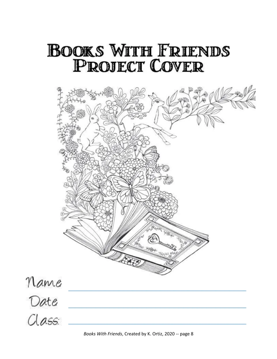 Project cover sheet for name, date and class under a drawing of an open book sprouting flowers, a rabbit and deer
