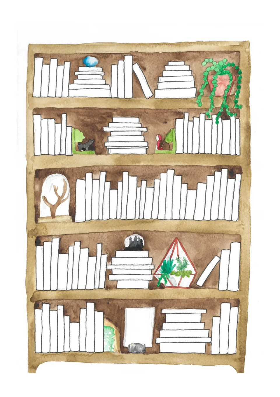 Reading record journal page featuring a five-shelf bookcase with blank book spines to record books read