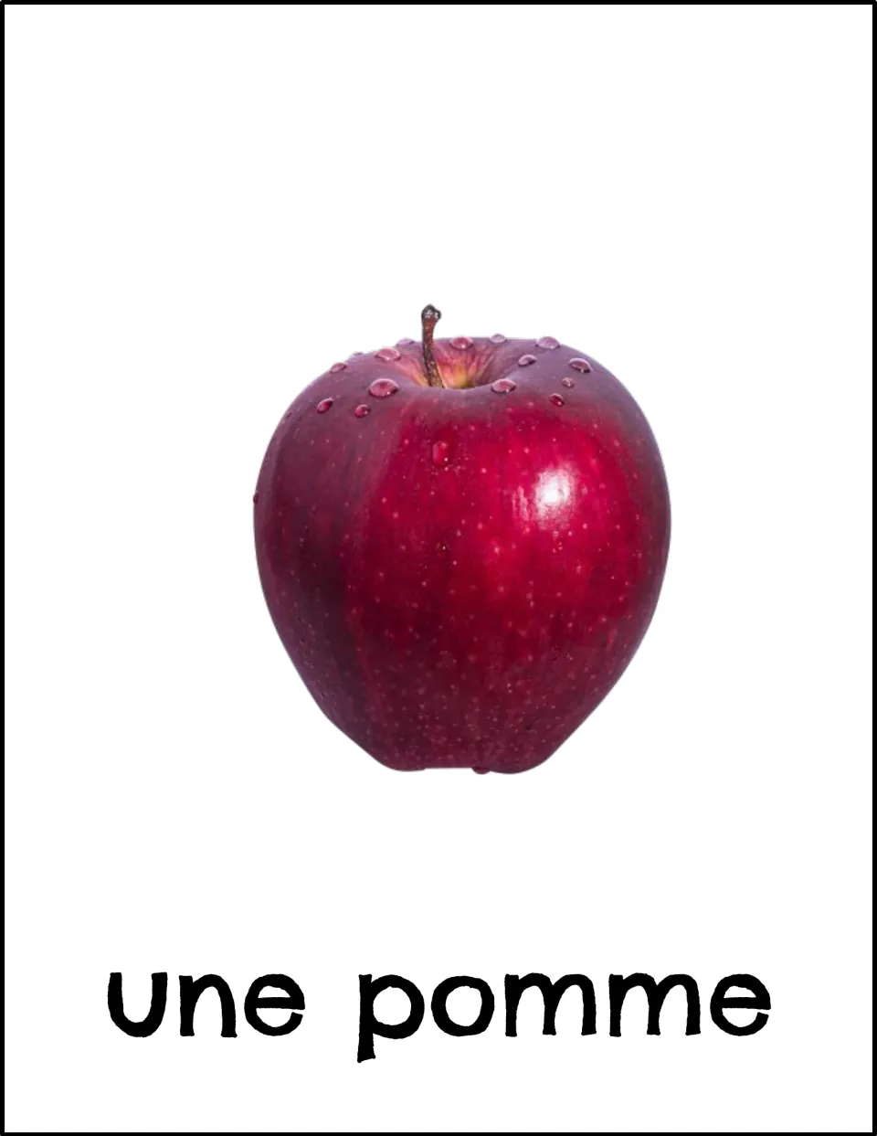 French fruit vocabulary card: photo of a shiny red apple labeled "une pomme"; students link the French word to the picture
