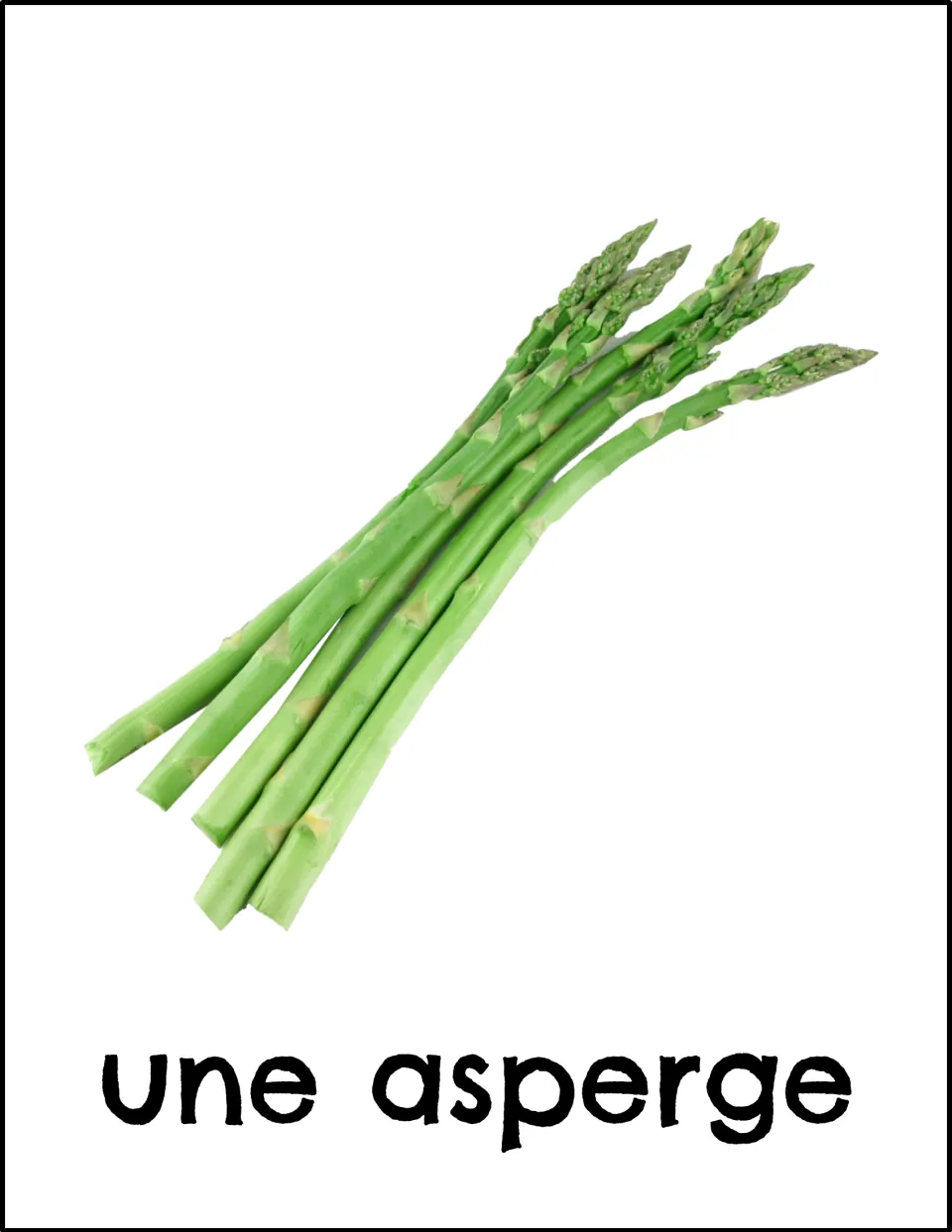 French vegetable vocabulary card: green asparagus spears labeled "une asperge" to pair the word with the picture