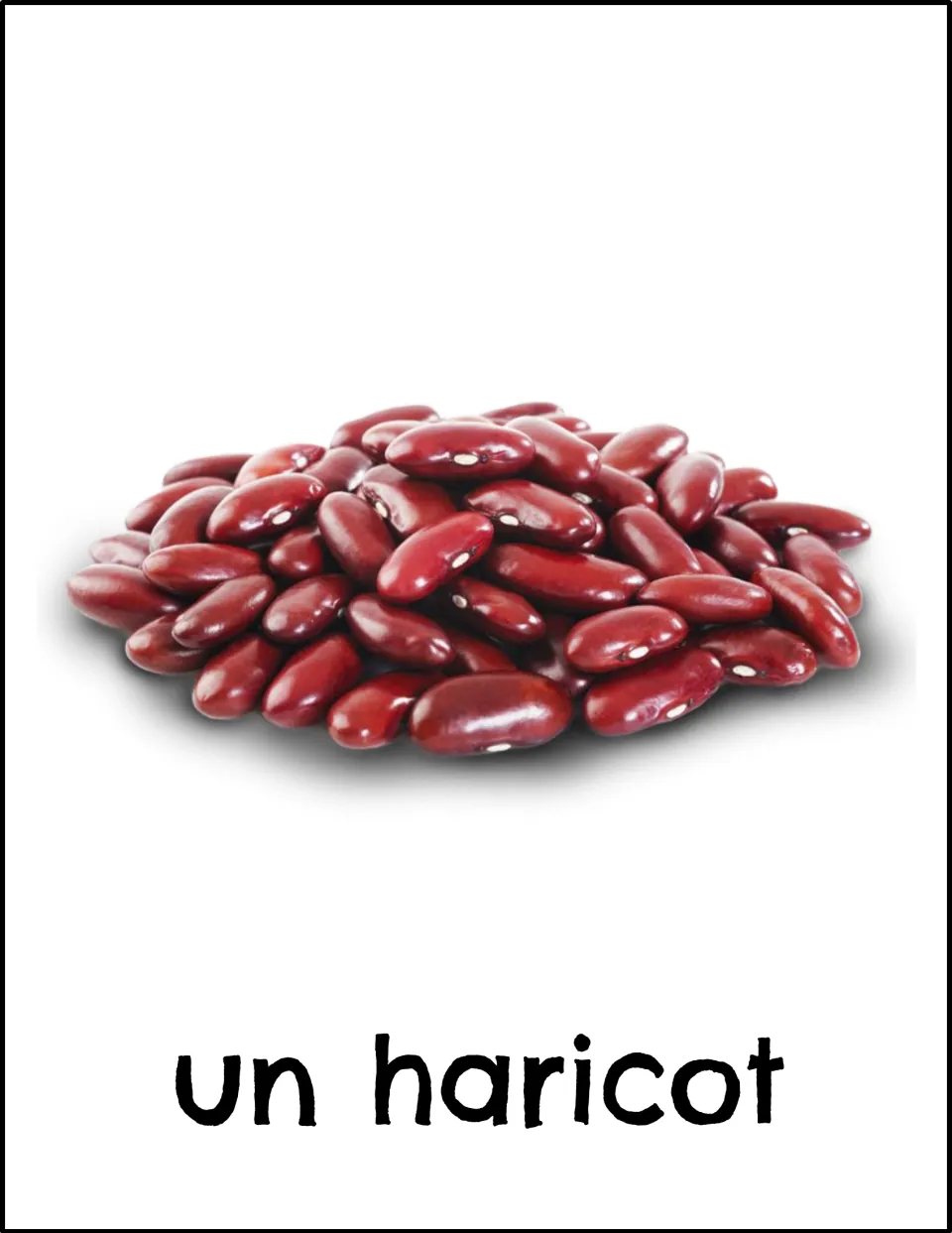 French vegetable vocabulary card: a pile of red kidney beans labeled "un haricot" for connecting the word to its picture