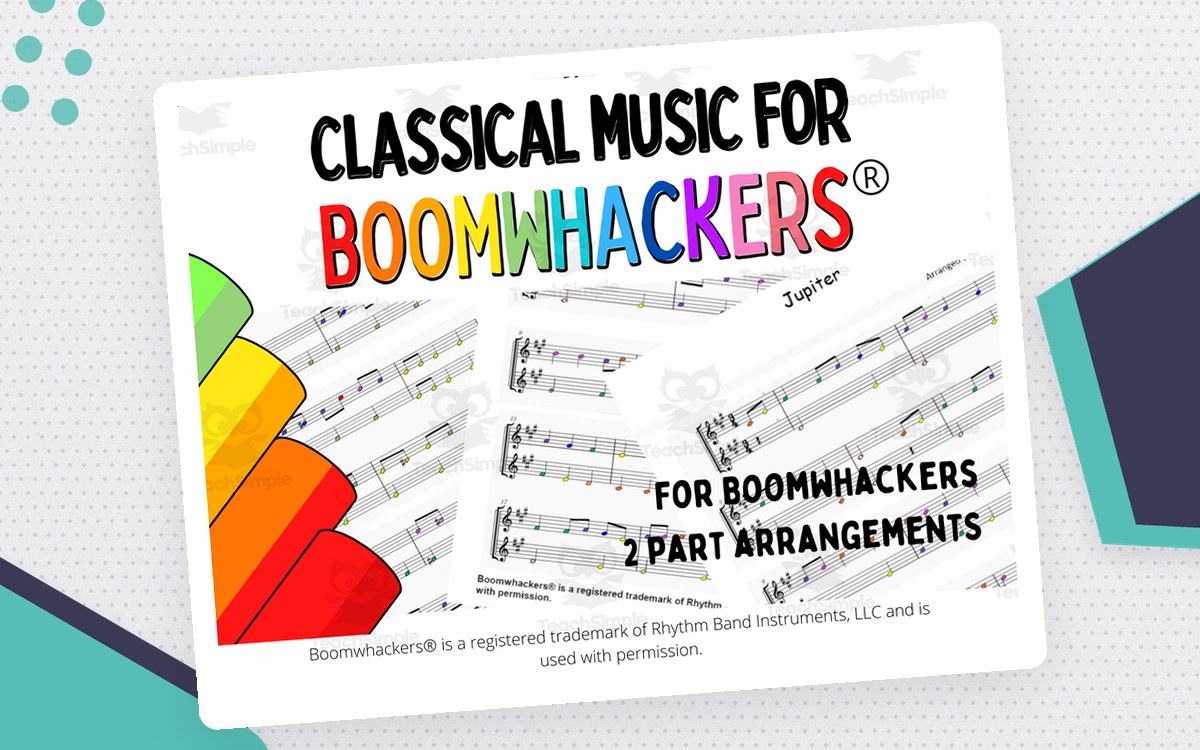 White Classical Music for Boomwhackers cover with colorful tube graphics, sheet-music previews, and For Boomwhackers 2 Part Arrangements text.