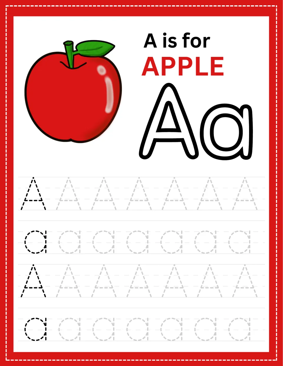 Letter A tracing, A is for Apple: students trace dotted uppercase A and lowercase a in four rows beside an apple picture