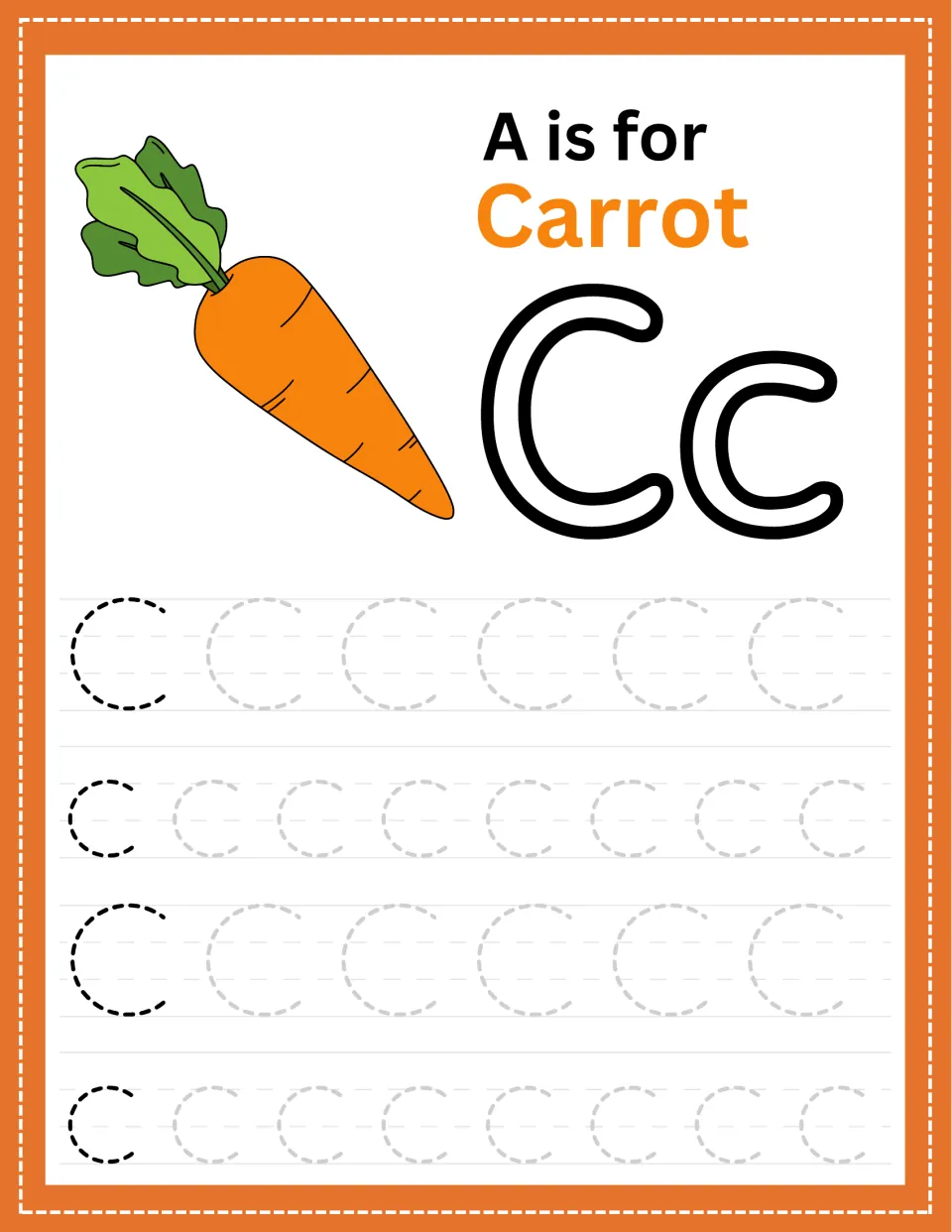 Letter C tracing by a carrot: students trace dotted uppercase C and lowercase c; heading misprinted A is for Carrot