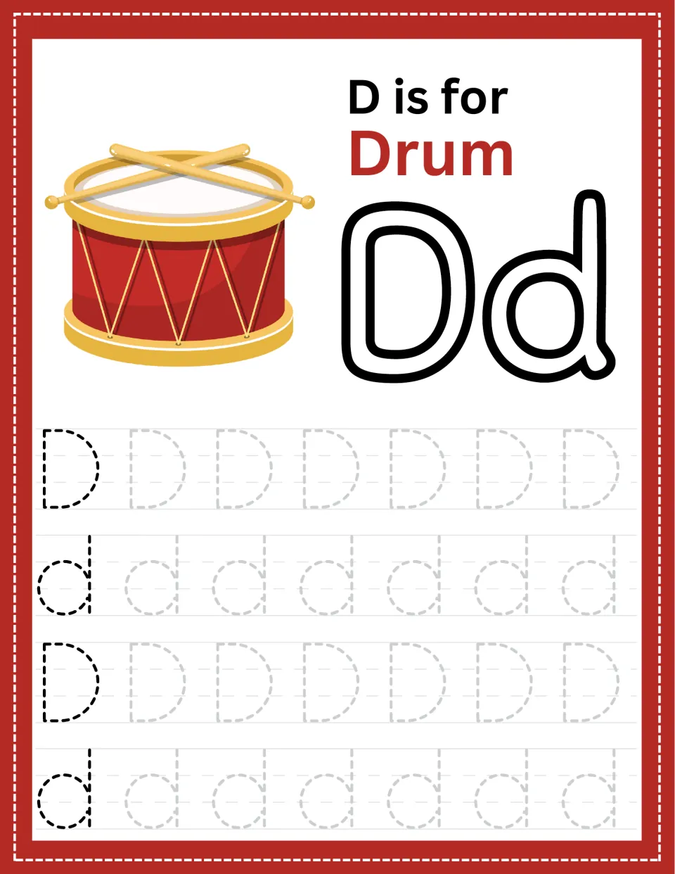 Letter D tracing, D is for Drum: students trace dotted uppercase D and lowercase d, practising letter formation by a drum