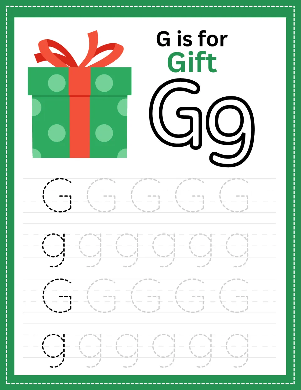 Letter G tracing, G is for Gift: students trace dotted uppercase G and lowercase g, tail dropping below the line, by a gift