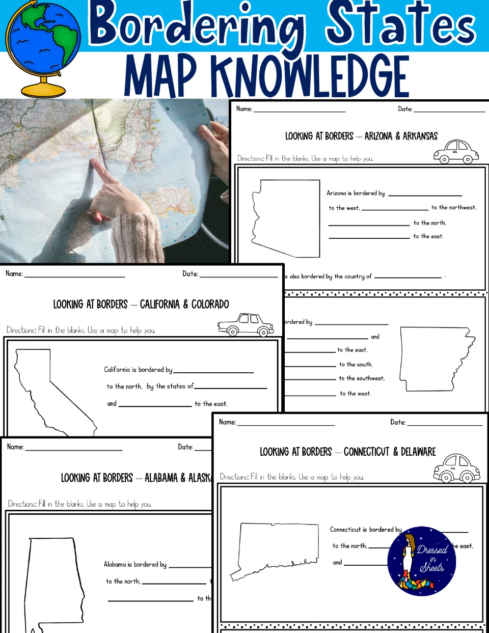 Bordering States Map Knowledge cover: a globe, a hand on a road map and sample Looking at Borders fill-in pages