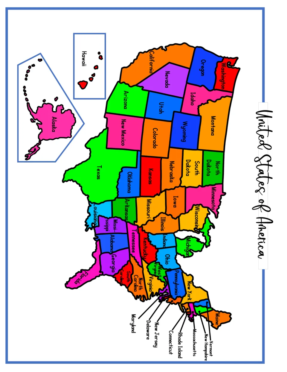 Color map of the United States of America with every state labeled, plus Alaska and Hawaii insets, for finding borders