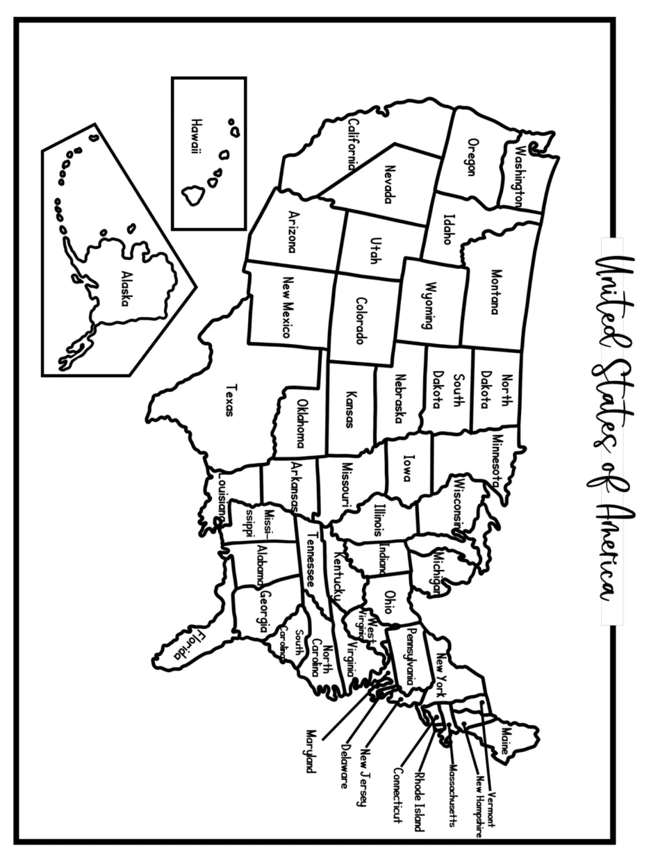 Black-and-white United States of America map with all states labeled and Alaska and Hawaii insets, ready for coloring