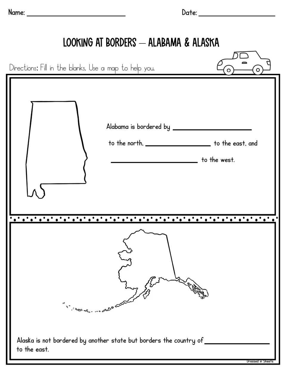 Looking at borders, Alabama and Alaska: students fill in Alabama's neighbors by direction and the country east of Alaska