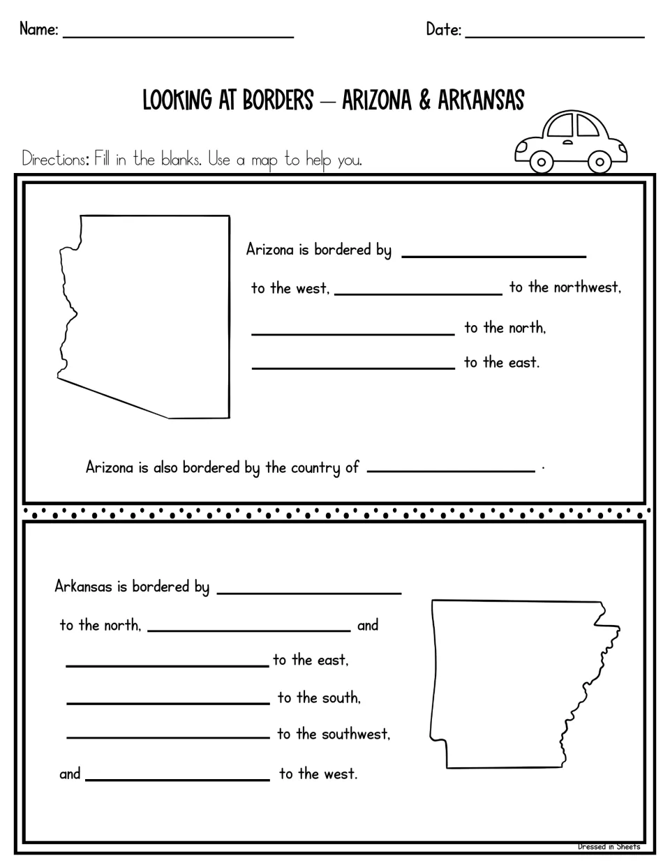Looking at borders, Arizona and Arkansas: students name each bordering state by direction and the country next to Arizona