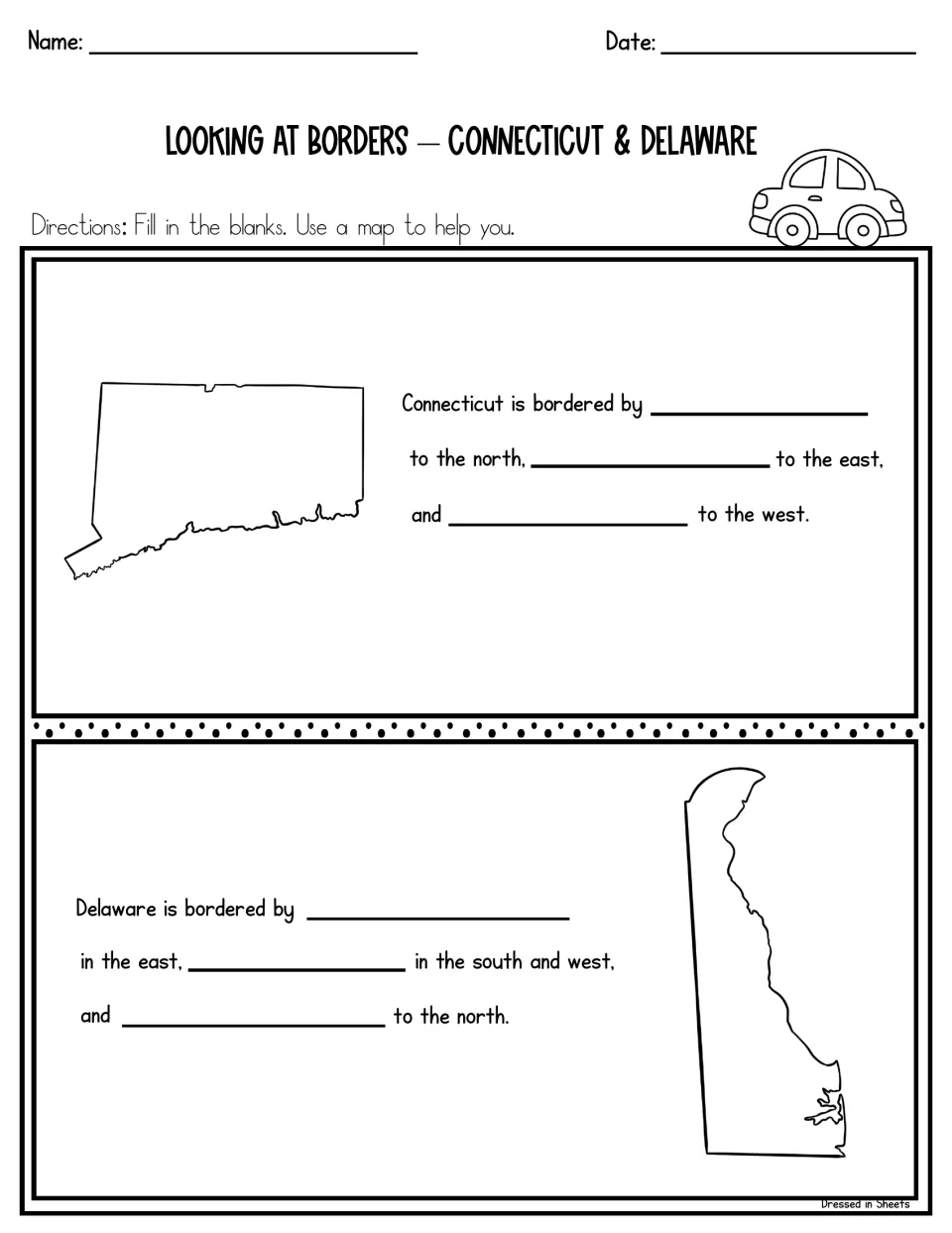 Looking at borders, Connecticut and Delaware: students write each neighboring state using north, east, south and west