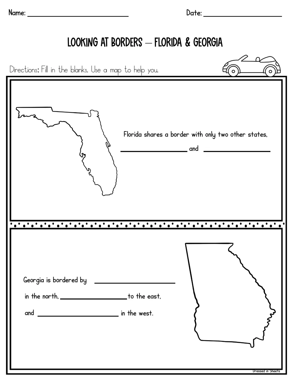 Looking at borders, Florida and Georgia: students name Florida's only two neighbor states and Georgia's by direction