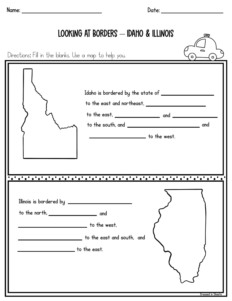 Looking at borders, Idaho and Illinois: students use a map to fill in each neighboring state by compass direction
