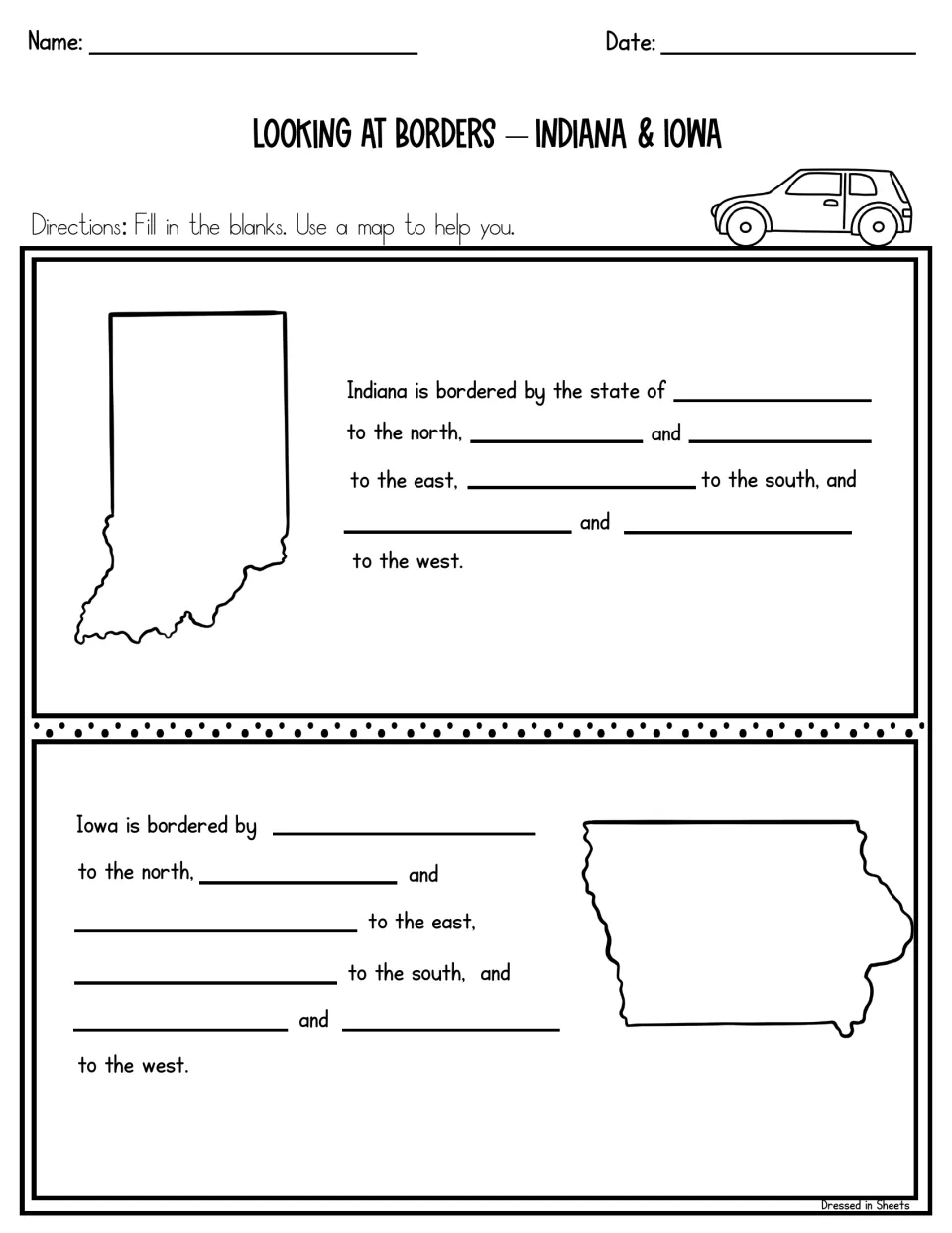 Looking at borders, Indiana and Iowa: students fill in the states that border each one to the north, east, south and west