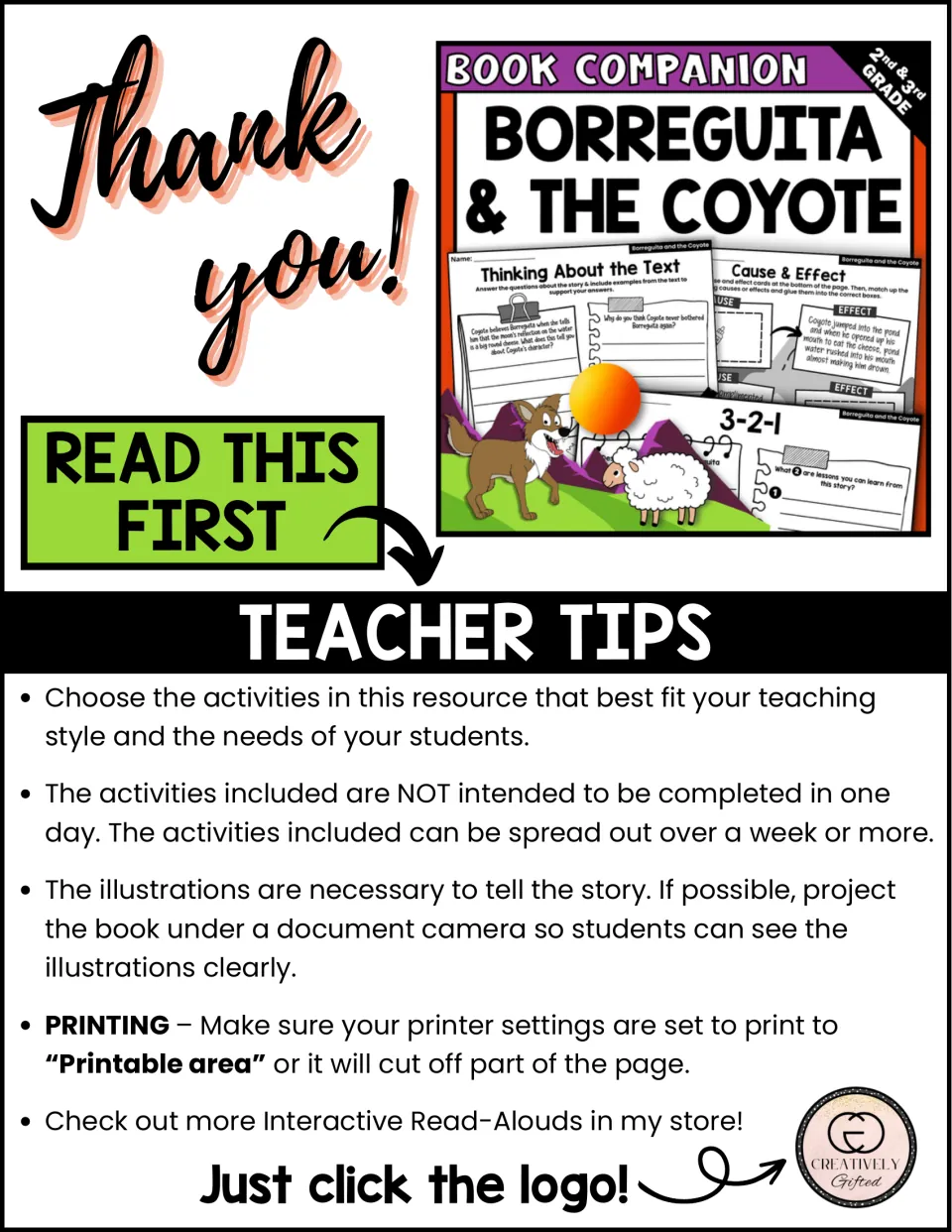 Teacher tips for the book companion explain activity selection, pacing, showing illustrations, and printing.