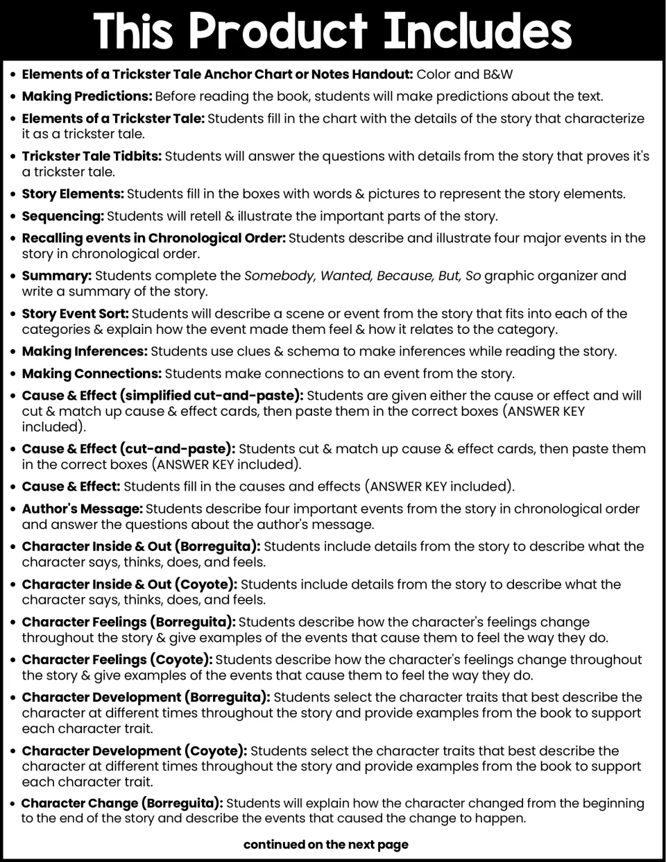 Activity guide lists trickster tale notes, predictions, sequencing, cause and effect, and character responses.