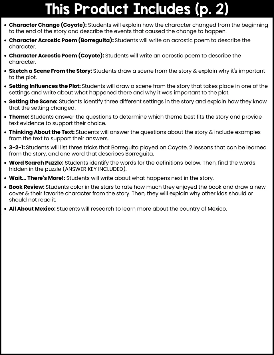 Activity guide continues with character poems, setting, theme, text questions, a book review, and Mexico research.