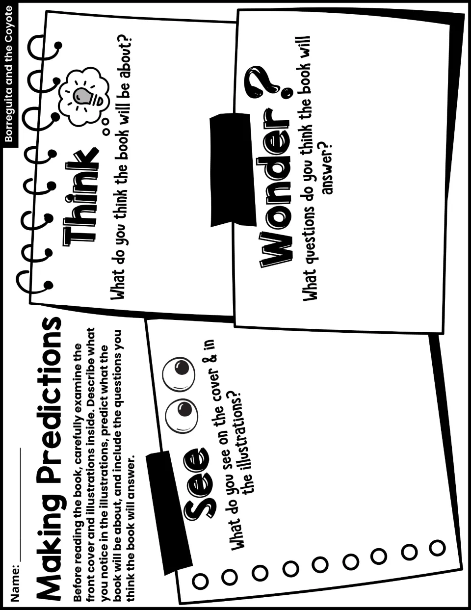 Making Predictions response sheet uses See, Think, and Wonder prompts to examine the book before reading.