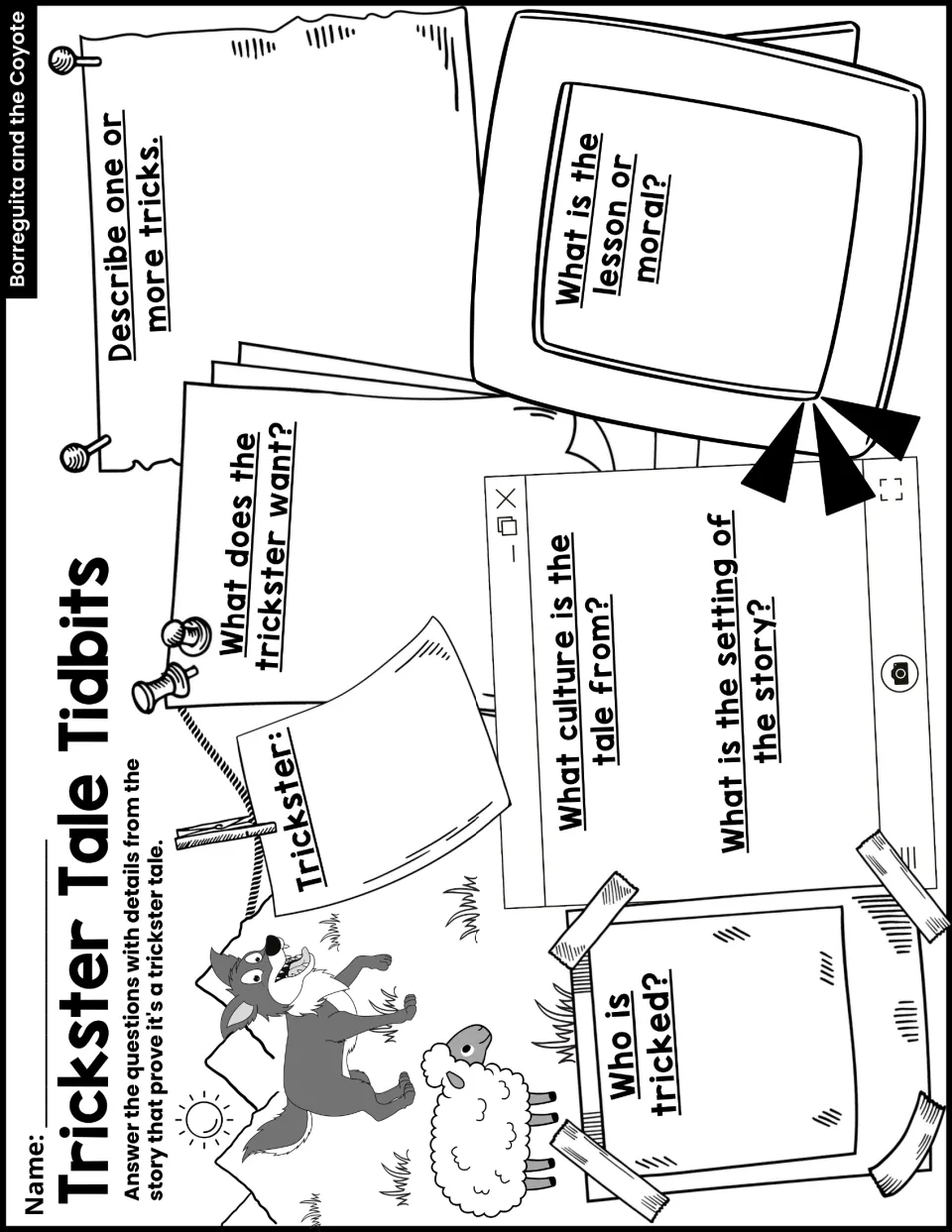 Trickster Tale Tidbits asks about the trickster, who is tricked, wants, tricks, culture, setting, and moral.