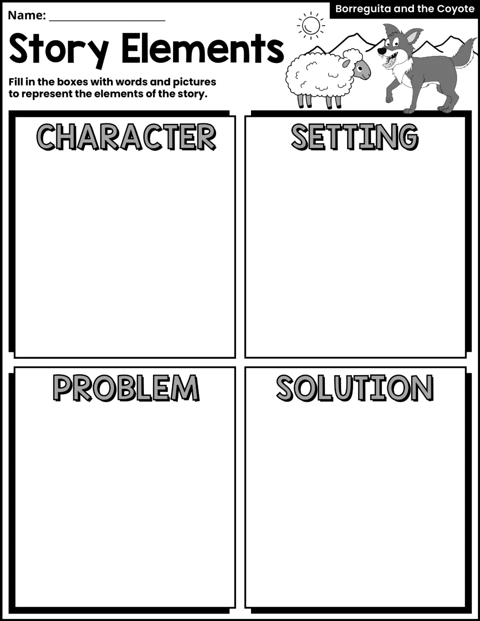 Story Elements response sheet asks students to represent character, setting, problem, and solution in words and pictures.