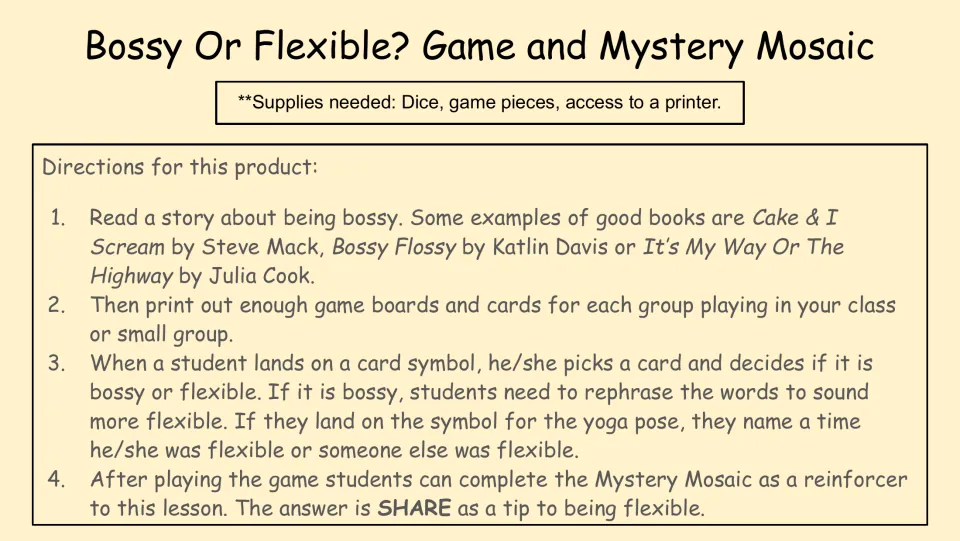 Game directions: read a story, identify bossy or flexible statements, rephrase bossy words, and complete a mosaic