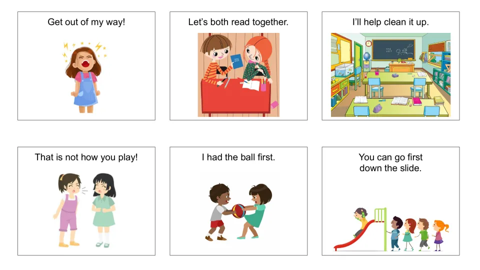 Statement cards 1–6: “Get out of my way!”, “Let’s both read together,” “I’ll help clean it up,” and three more