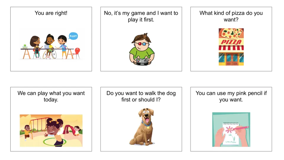 Statement cards 7–12: “You are right!” plus choices about a game, pizza, play, walking a dog, and a pencil