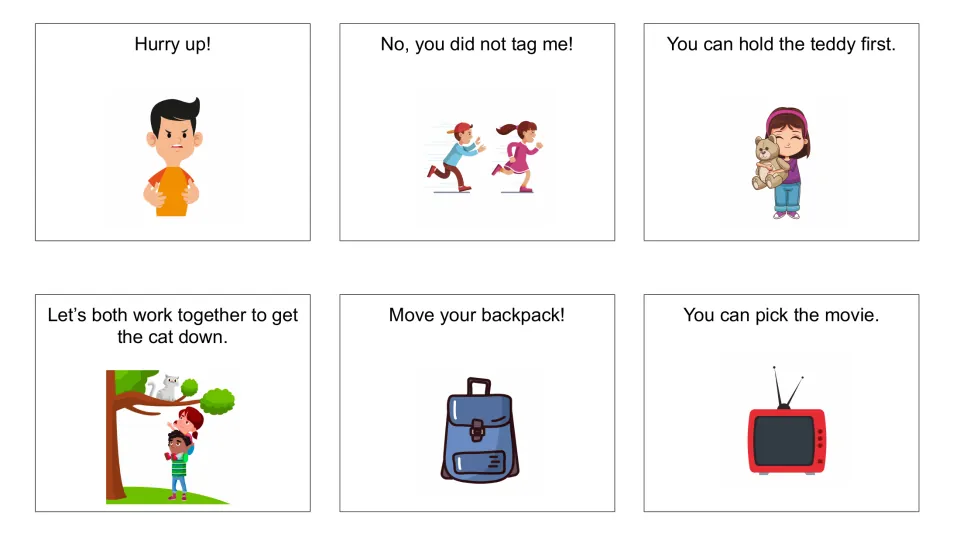 Statement cards 13–18: “Hurry up!”, “No, you did not tag me!”, “You can hold the teddy first,” and three more