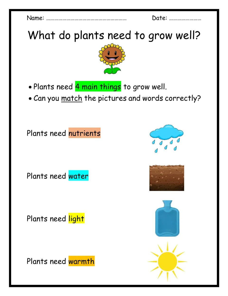Plant needs matching: students match nutrients, water, light and warmth to soil, rain, sun and a hot-water bottle