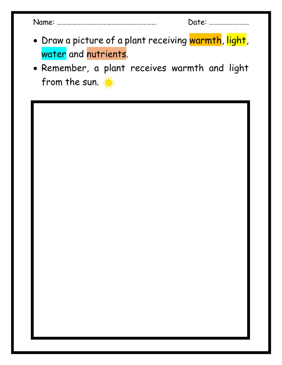 Drawing plant needs: students draw a plant getting warmth, light, water and nutrients, with the sun for warmth and light