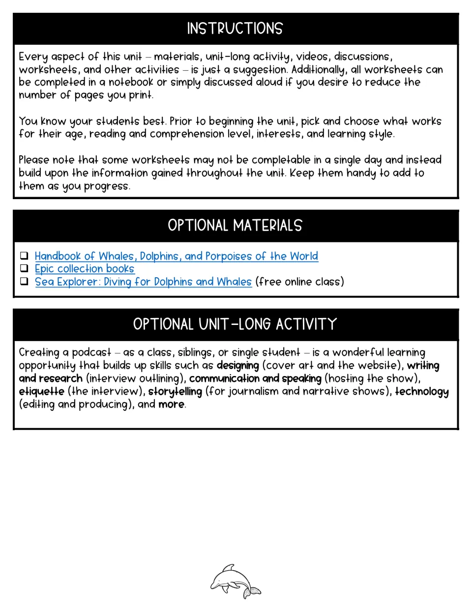 Unit instructions explain flexible worksheet use, list optional materials, and suggest creating a podcast
