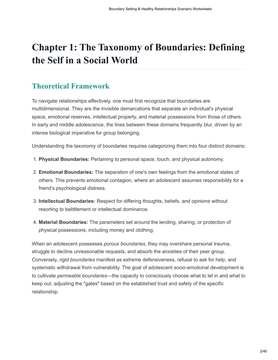 Chapter 1 lesson defines physical, emotional, intellectual, and material boundaries and compares boundary styles