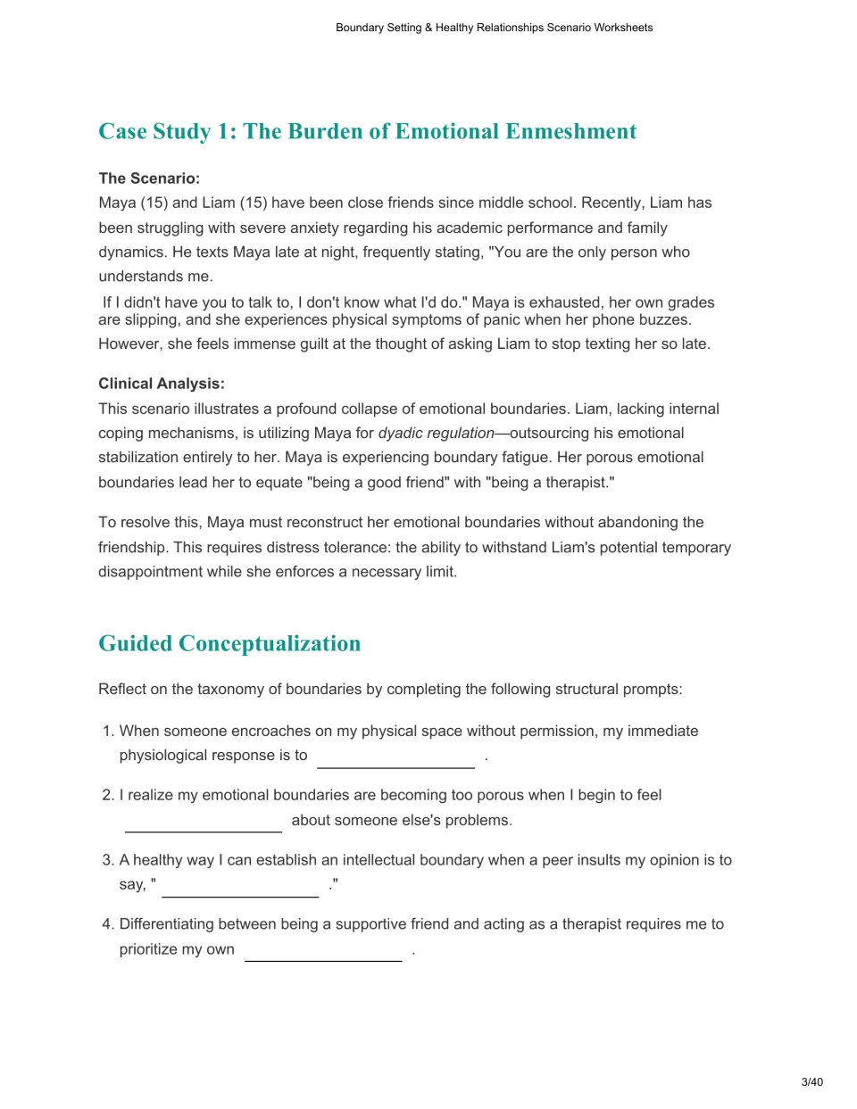 Case study 1 examines Maya and Liam's late-night texting, followed by four personal boundary reflection prompts