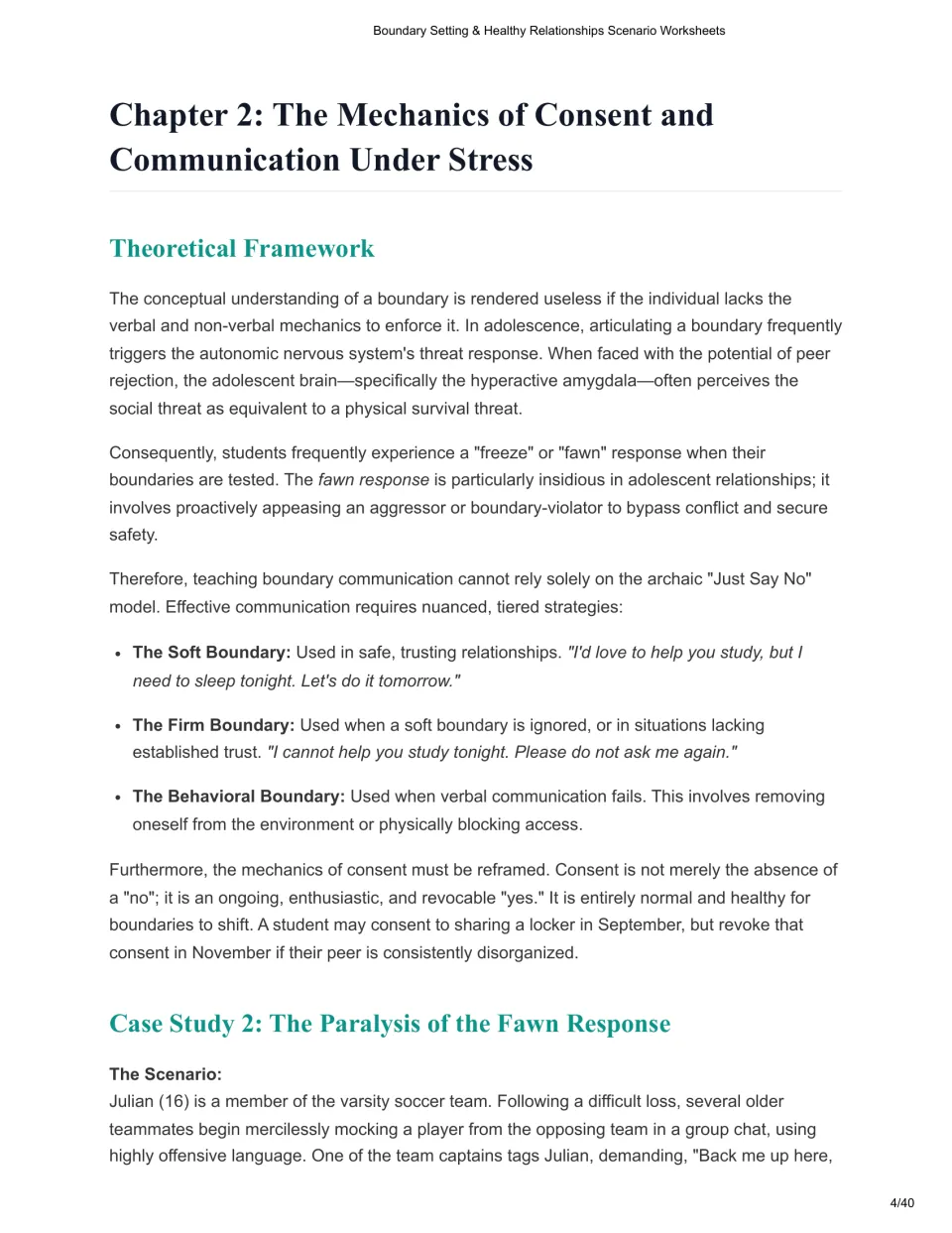 Chapter 2 lesson explains consent and soft, firm, and behavioral boundaries, then begins Julian's case study